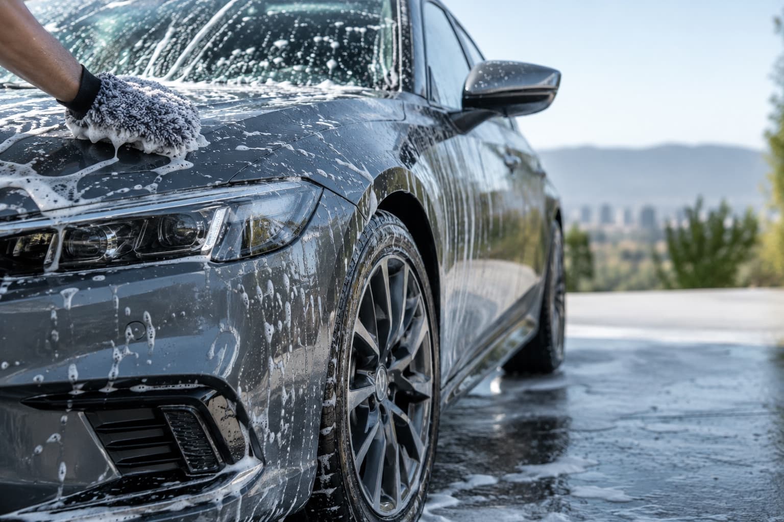 Illustration of a careful hand wash on a soapy graphite car.