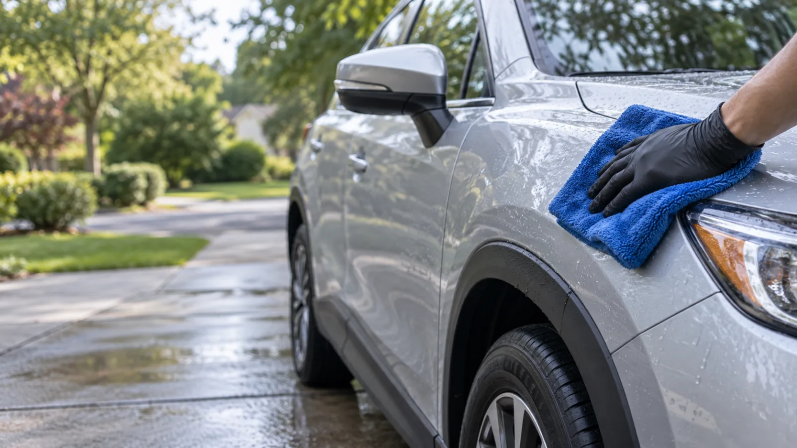 Illustration of a detailer beside a parked car in a driveway.